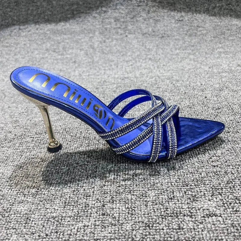 Dropshipping Custom Logo Sexy Rhinestone Stiletto Heeled Sandals Women Shoes Pointed Toe High Heels Slippers for Ladies