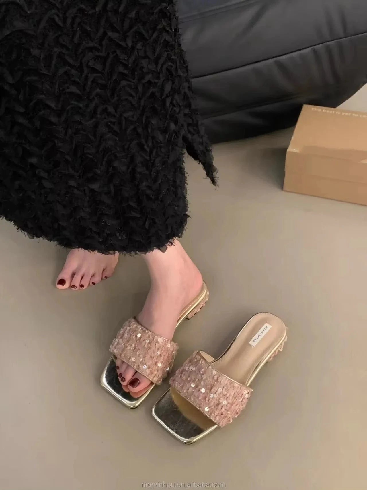 Dropshipping Custom Logo Silver Sequin 2024 New Block Heeled Sandals Summer Square-Head Slides Slippers for Women