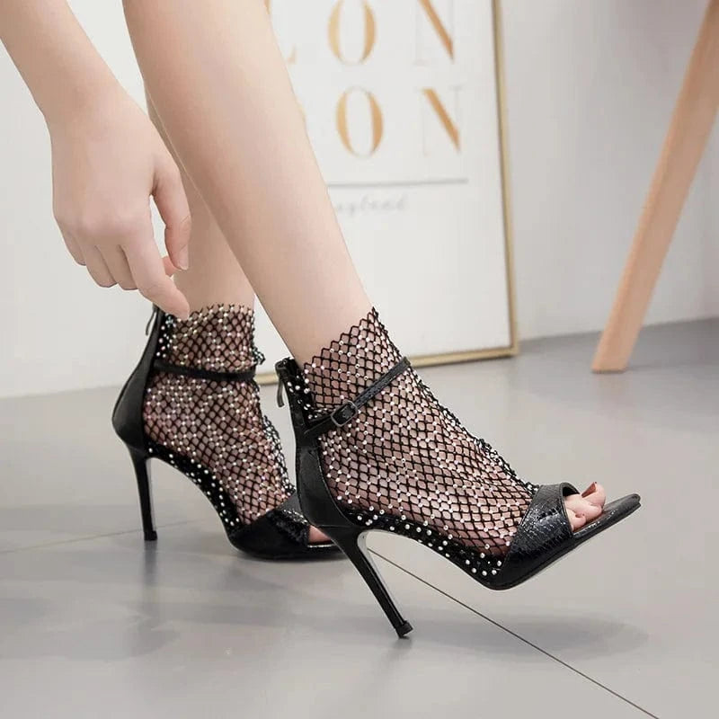 Dropshipping Custom Logo Summer High Heels Sandal Women Sexy Rhinestone Mesh Upper Breathable Flat Design Rubber
