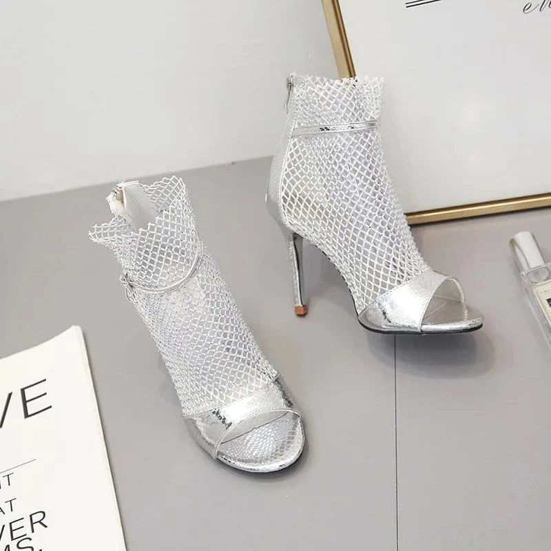 Dropshipping Custom Logo Summer High Heels Sandal Women Sexy Rhinestone Mesh Upper Breathable Flat Design Rubber
