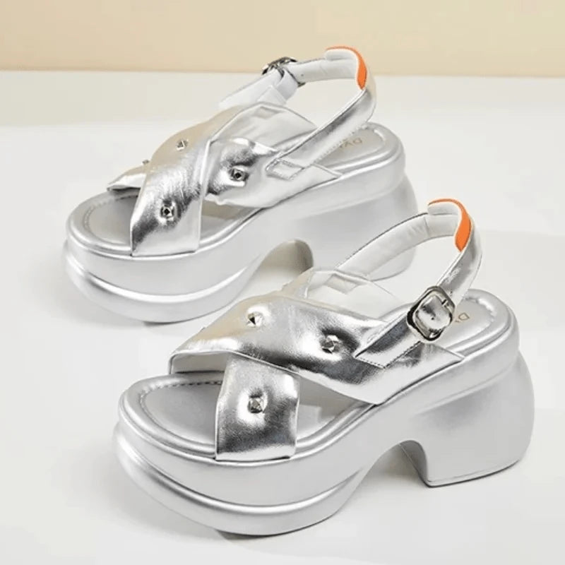 Dropshipping Custom Logo Summer Women's Thick Bottom Wedgeds Sandals Silver Chunky Sandal Shoes for Ladies