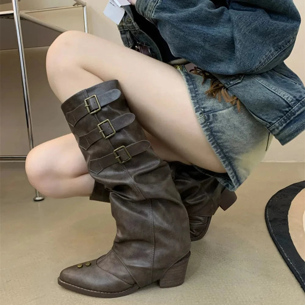 Dropshipping Custom Logo Vintage Low Heels Western Boots Women Shoes Rivet Cowboy Boots for Ladies