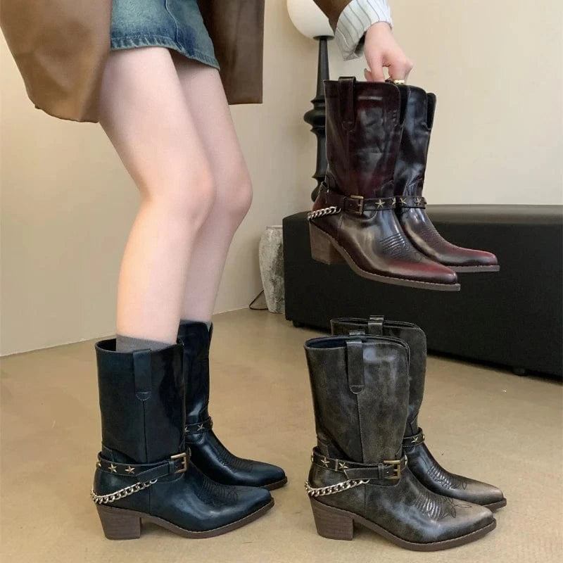 Dropshipping Custom Logo Vintage Western Cowboy Boots for Women Pointed Thick Heel Rubber Shoes with Short Belt Buckle Winter