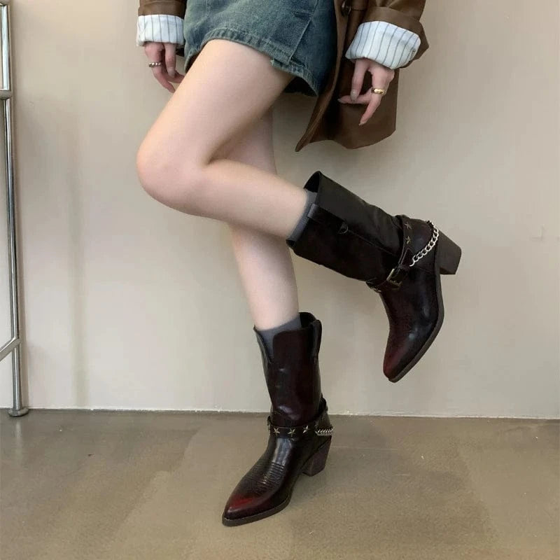 Dropshipping Custom Logo Vintage Western Cowboy Boots for Women Pointed Thick Heel Rubber Shoes with Short Belt Buckle Winter
