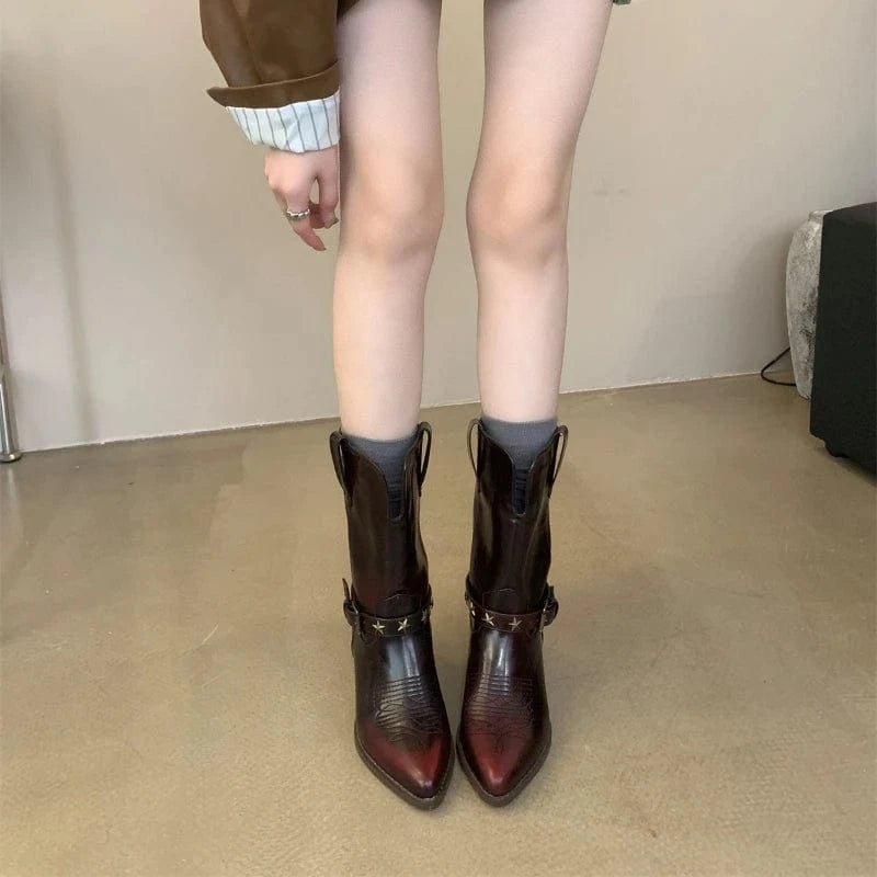 Dropshipping Custom Logo Vintage Western Cowboy Boots for Women Pointed Thick Heel Rubber Shoes with Short Belt Buckle Winter