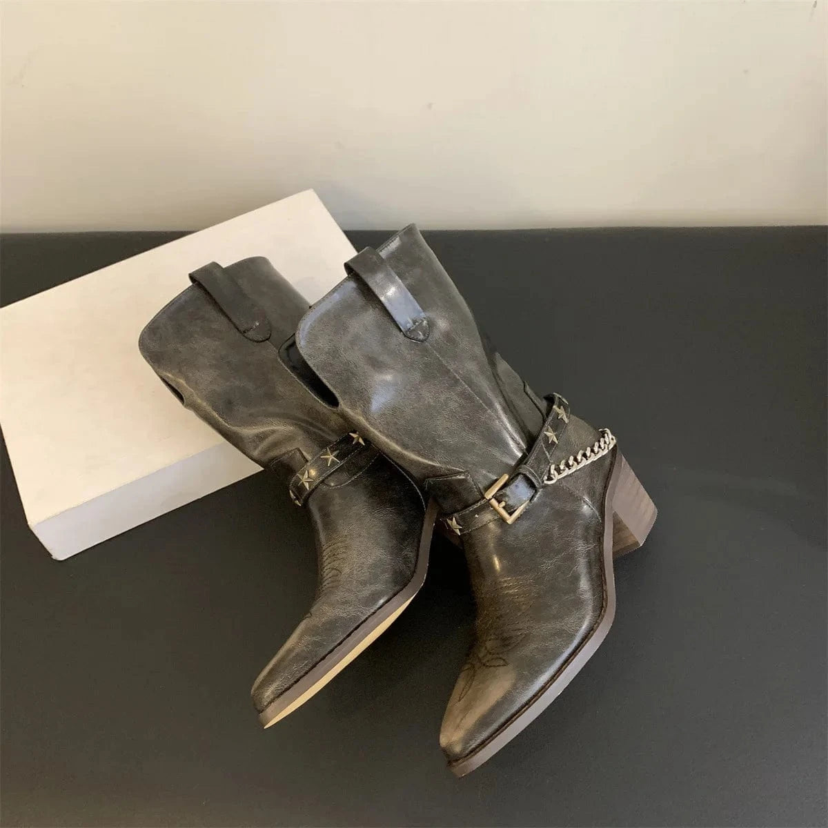 Dropshipping Custom Logo Vintage Western Cowboy Boots for Women Pointed Thick Heel Rubber Shoes with Short Belt Buckle Winter