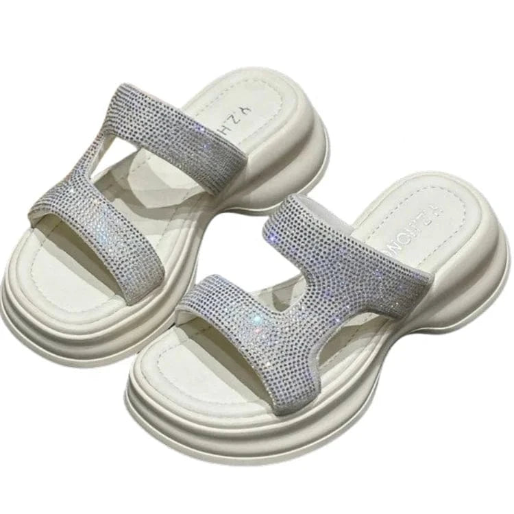Dropshipping Custom Logo White Rhinestone Chunky Sandals Women Comfortable Ladies Wedges Slides Slippers