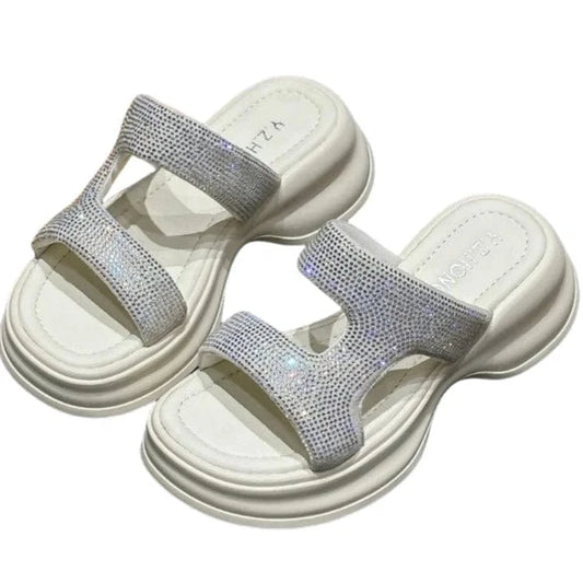 Dropshipping Custom Logo White Rhinestone Chunky Sandals Women Comfortable Ladies Wedges Slides Slippers