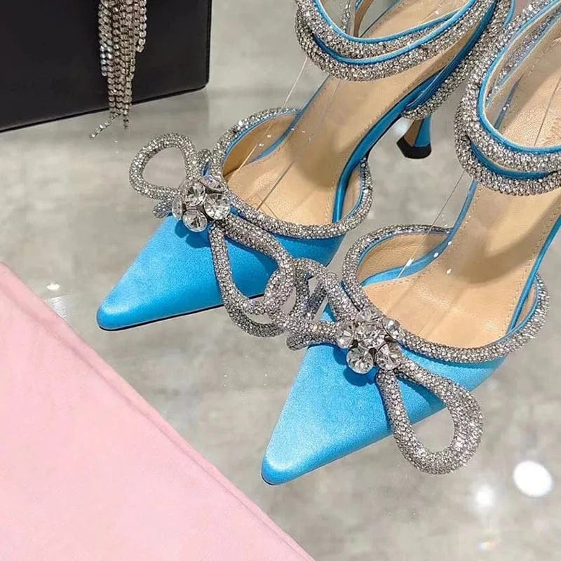 Dropshipping Custom Logo Women Rhinestone Bow Pointed Toe Satin Heeled Sandals Ladies Lace Up Stiletto Heels Dress Shoes