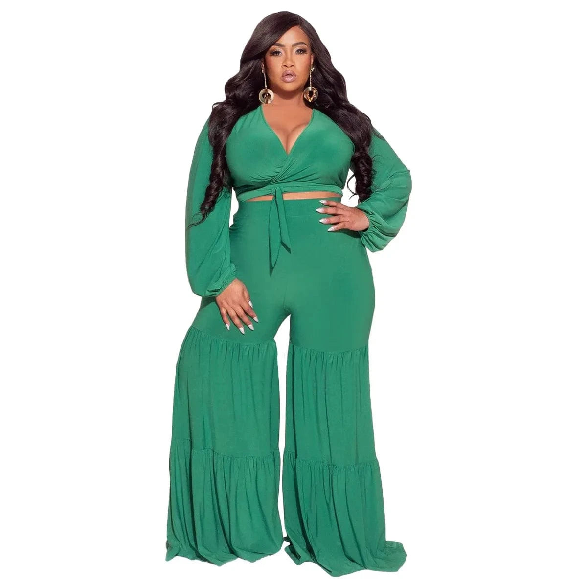 dropshipping products 2024 plus size women's sexy deep V-neck lace-up long-sleeved patchwork straight pants set