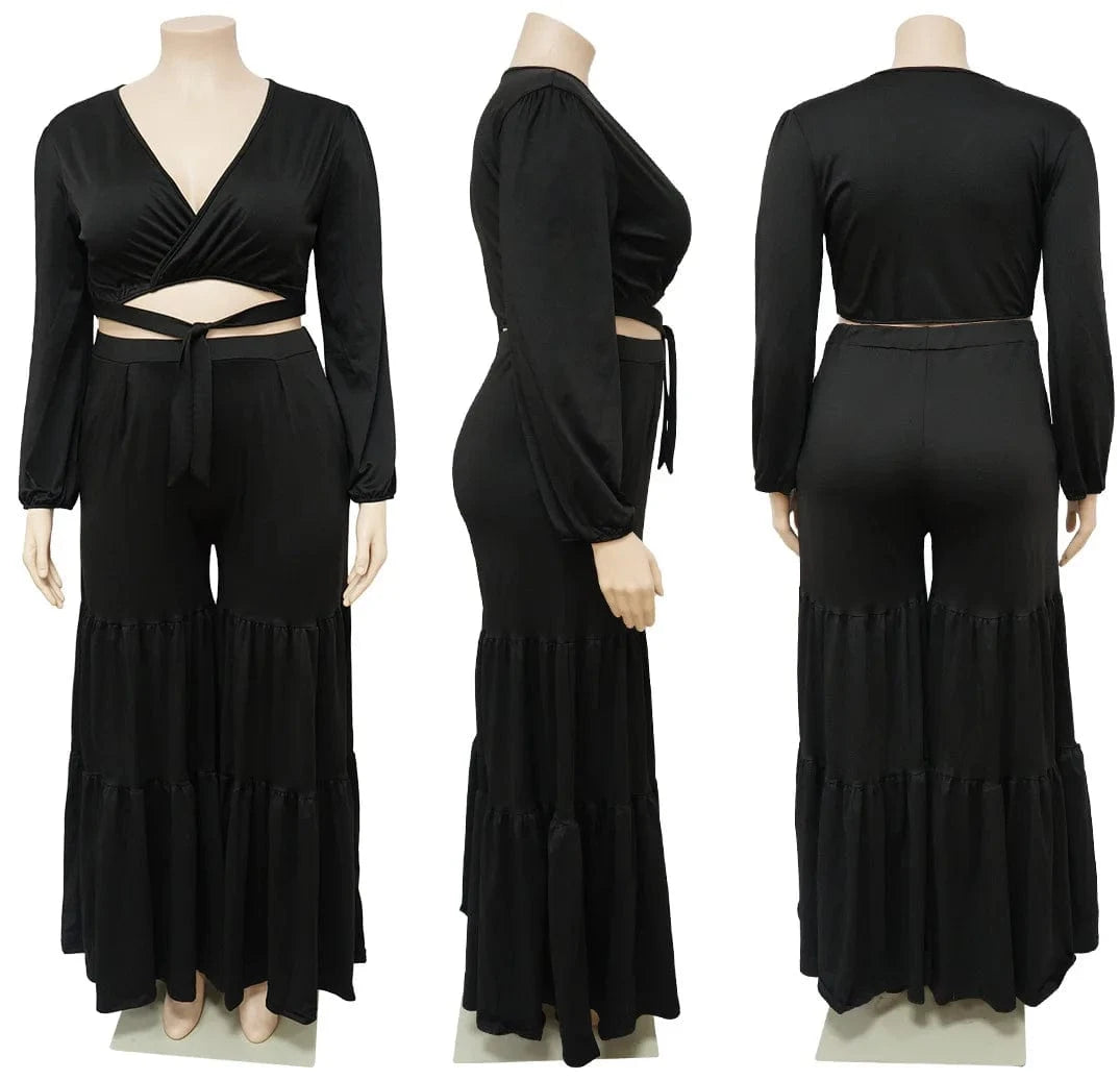 dropshipping products 2024 plus size women's sexy deep V-neck lace-up long-sleeved patchwork straight pants set