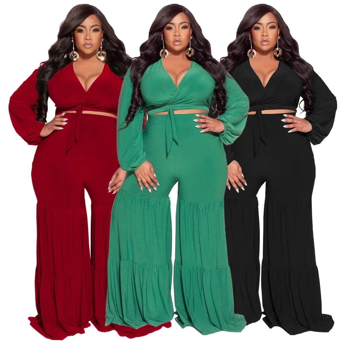dropshipping products 2024 plus size women's sexy deep V-neck lace-up long-sleeved patchwork straight pants set