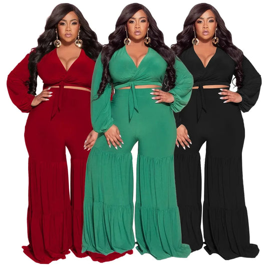 dropshipping products 2024 plus size women's sexy deep V-neck lace-up long-sleeved patchwork straight pants set