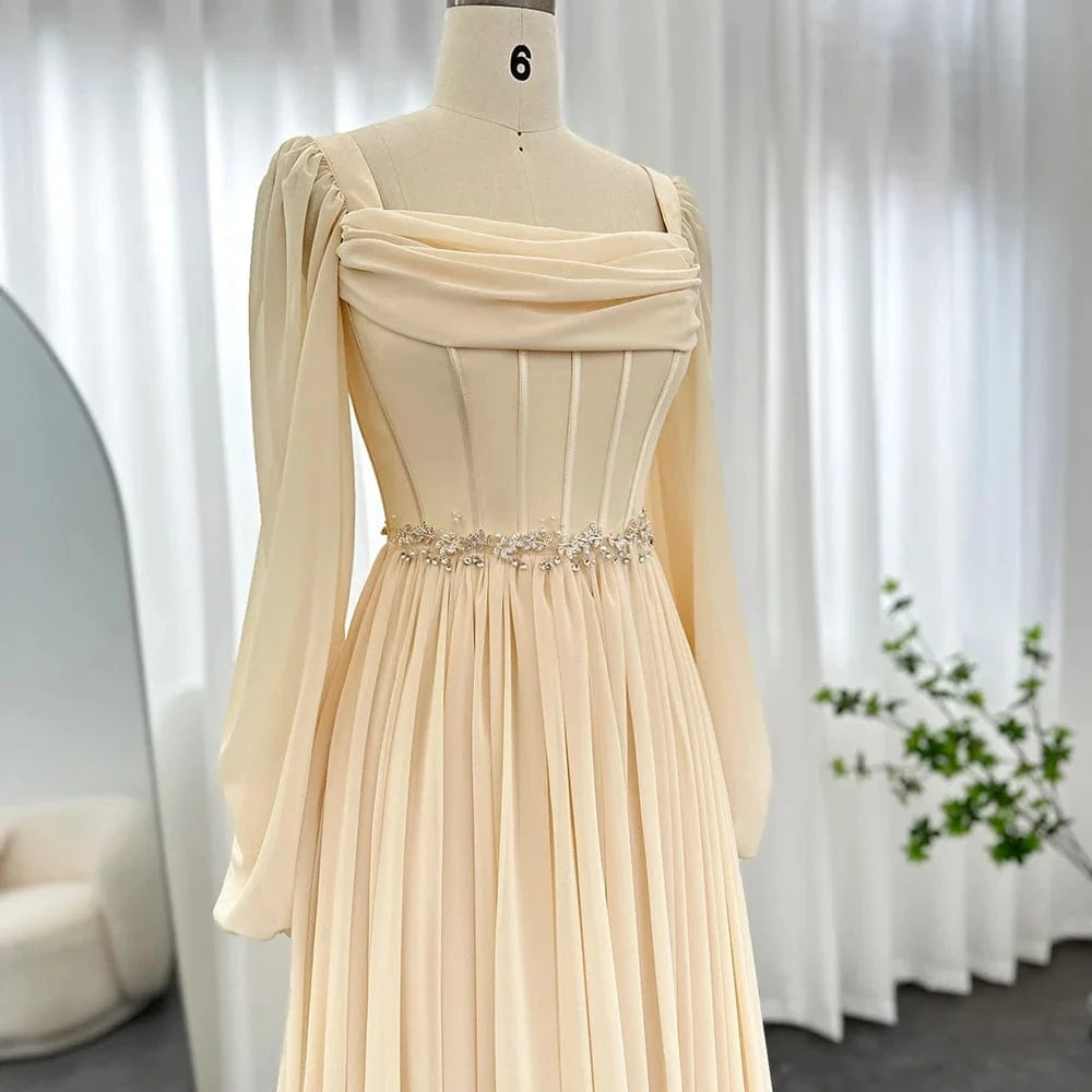 Dubai Beige Short Midi Arabic Evening Dress With Belt Long Sleeves Tea Length Women Formal Wedding Party Gowns Scz136-2