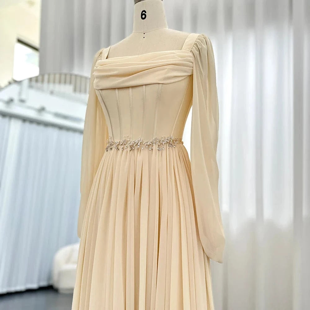 Dubai Beige Short Midi Arabic Evening Dress With Belt Long Sleeves Tea Length Women Formal Wedding Party Gowns Scz136-2