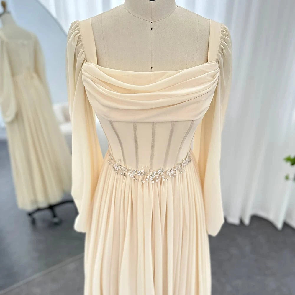 Dubai Beige Short Midi Arabic Evening Dress With Belt Long Sleeves Tea Length Women Formal Wedding Party Gowns Scz136-2