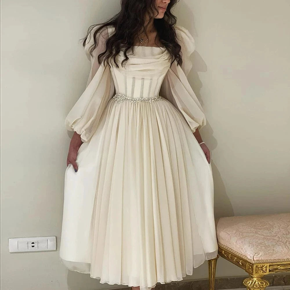 Dubai Beige Short Midi Arabic Evening Dress With Belt Long Sleeves Tea Length Women Formal Wedding Party Gowns Scz136-2