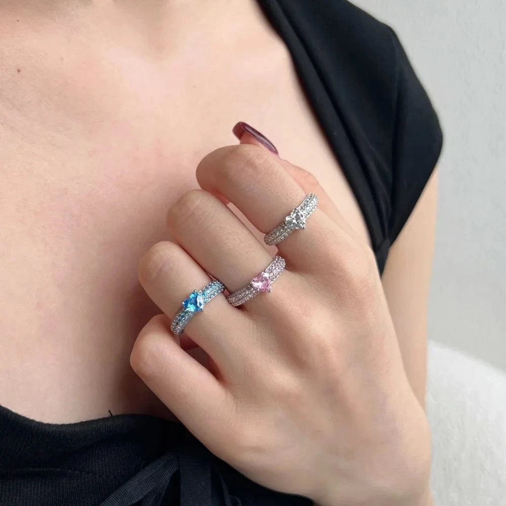 Dylam Classic S925 Silver Set Cz Heart Ring Pink Blue Diamond Wedding Ring Couple Engagement Band Bridal Set Rings Jewelry Women