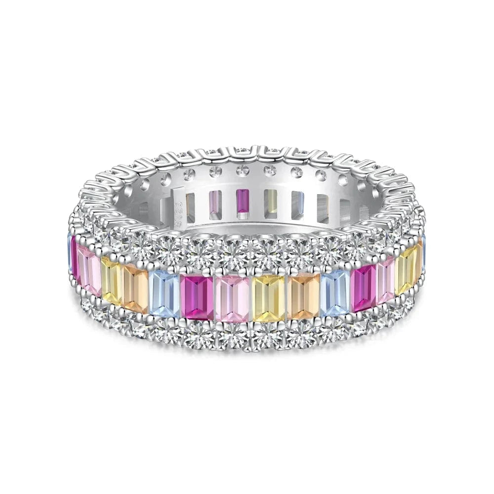 Dylam Dainty Non Tarnish 925 Sterling Silver Rhodium Plated Dress Up Diamond Colorful 5A Zirconia Baguette Eternity Band Rings