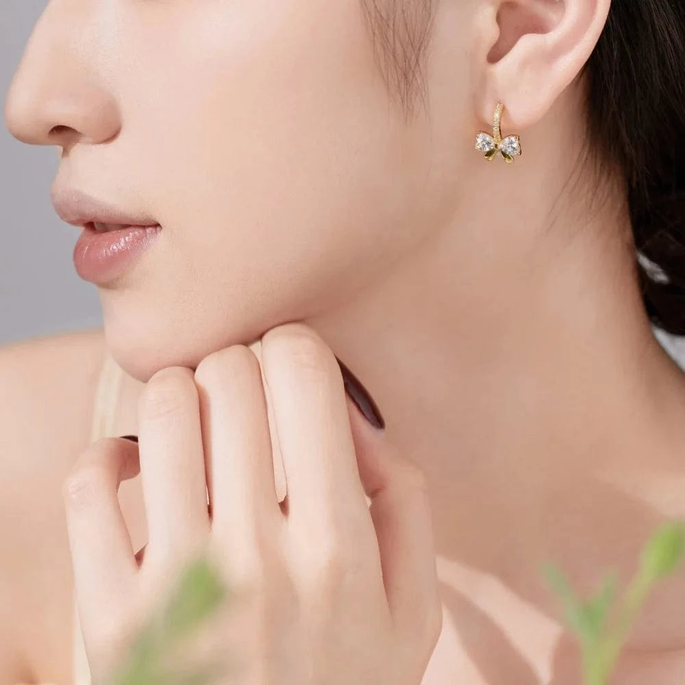 Dylam Dainty Women Jewelry S925 Silver Rhodium 18K Gold Plated 5A Cubic Zirconia Sweetie Heart-Shaped Bow Stud Earrings