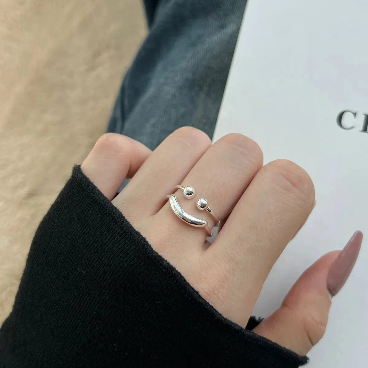 Dylam Minimalist Smiling Face S925 Sterling Silver Ring Adjustable Open Statement 18K Gold Plated Jewelry Rings For Women