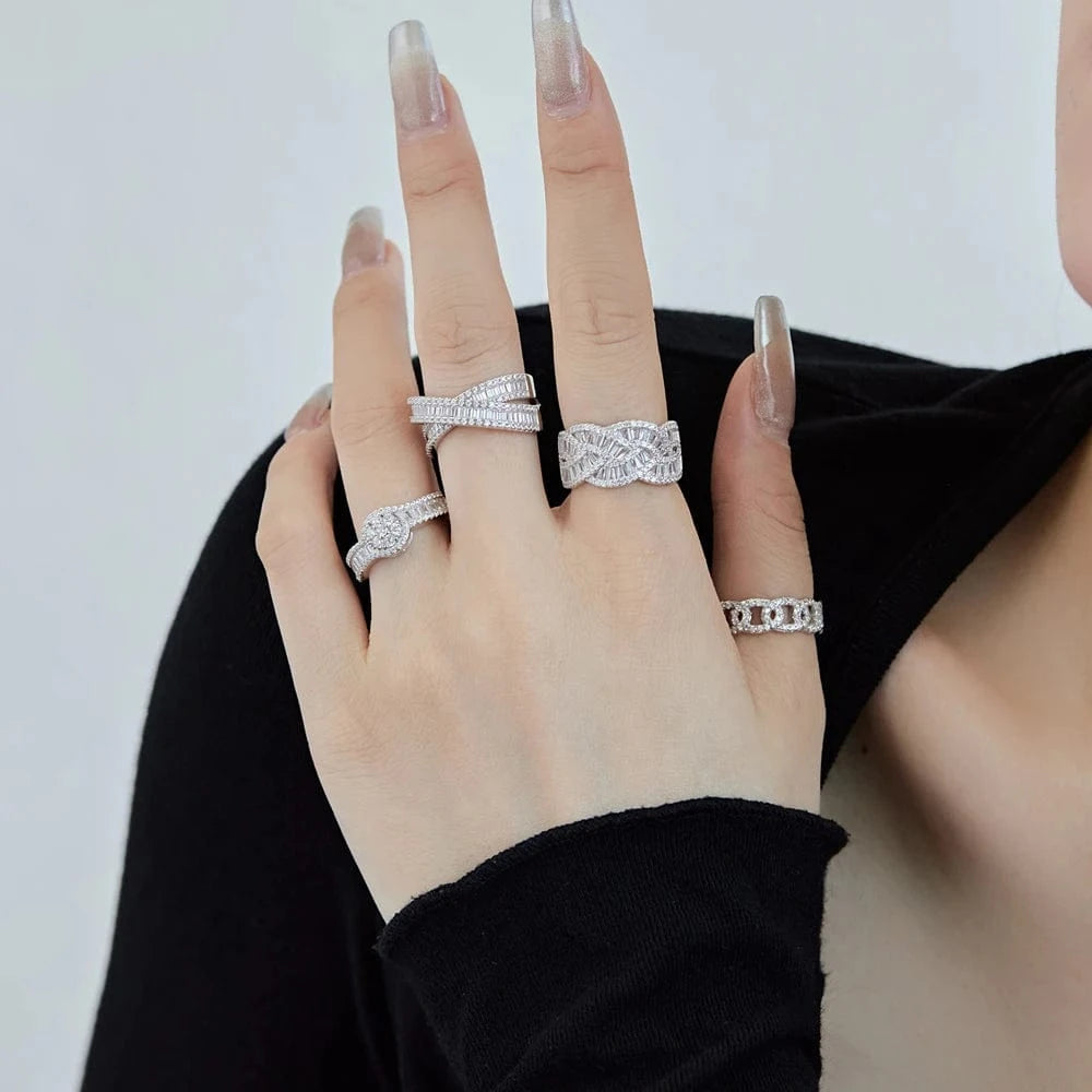 Dylam New Design Jewelry 925 Sterling Silver Rhodium Plated Geometry Baguette Cocktail 5A Cubic Zirconia Eternity Band Rings