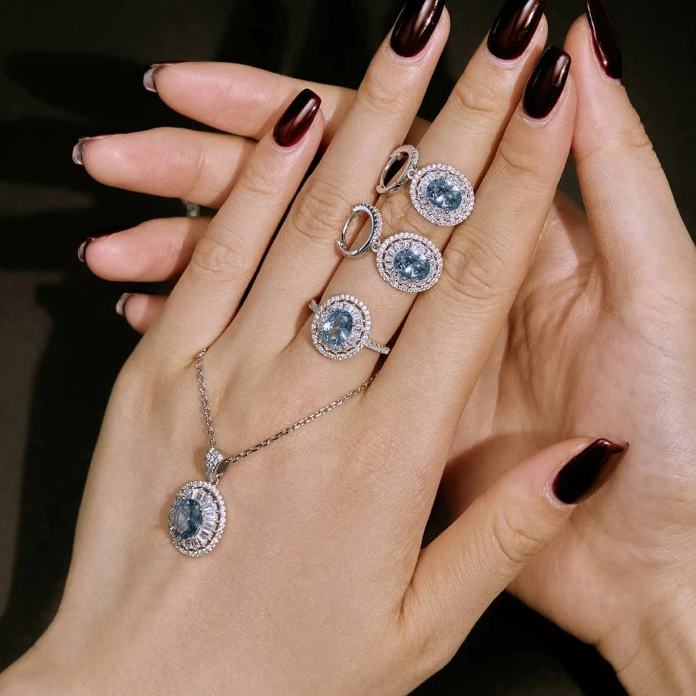 Dylam New Designer S925 Silver Rhodium Plated Diamond Sapphire Gemstone Baguette Cut Blue 5A Zirconia Eternity Band Promise Ring