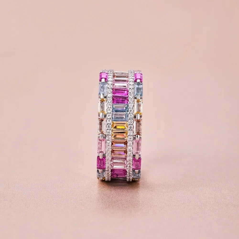 Dylam No Moq Dainty 925 Sterling Silver Rhodium Plated Fine Fashion Women Jewelry Wide Baguette Eternity Band Zirconia Rings