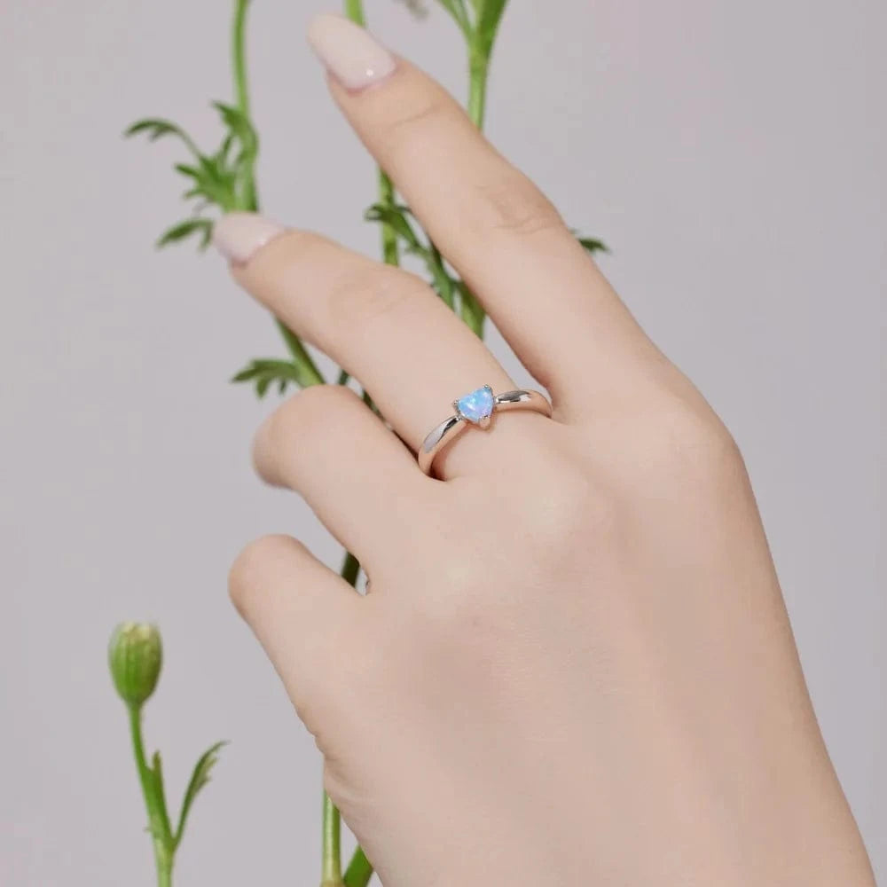 Dylam Personalized Fine Jewelry Women Hypoallergenic 925 Sterling Silver Rhodium Plated Heart Shape Synthetic Opal Stone Rings