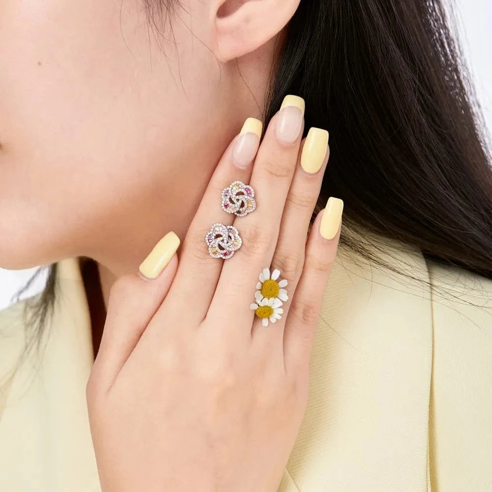 Dylam Sweet Colorful Fine Jewelry S925 Silver Rhodium Plated Flower Shape Eternity Baguette 5A Cubic Zirconia Stud Earrings