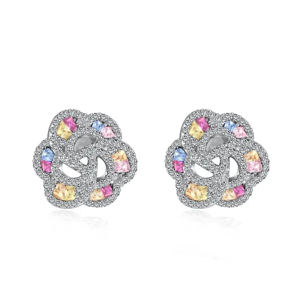 Dylam Sweet Colorful Fine Jewelry S925 Silver Rhodium Plated Flower Shape Eternity Baguette 5A Cubic Zirconia Stud Earrings