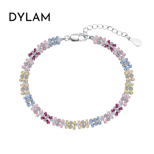 Dylam Wholesale Jewelry 18K Gold Plated S925 Sterling Silver Rainbow Bracelet Colorful Baguette Diamond Tennis Bracelets Women