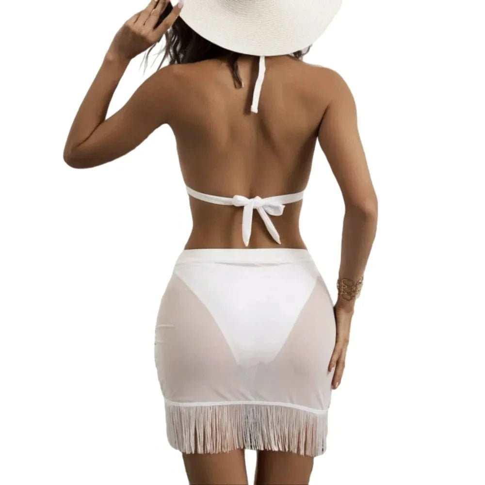 E0106TA23 2024 Hot Sale See Through Mesh Lace Up Sexy Tassel Beachwear Women Swimwear Sehe Fashion
