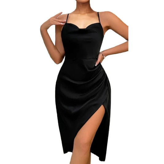 E0113TA34 Latest Spaghetti Straps Asymmetric Collar Sexy Night Women Sleeping Dress Sehe Fashion