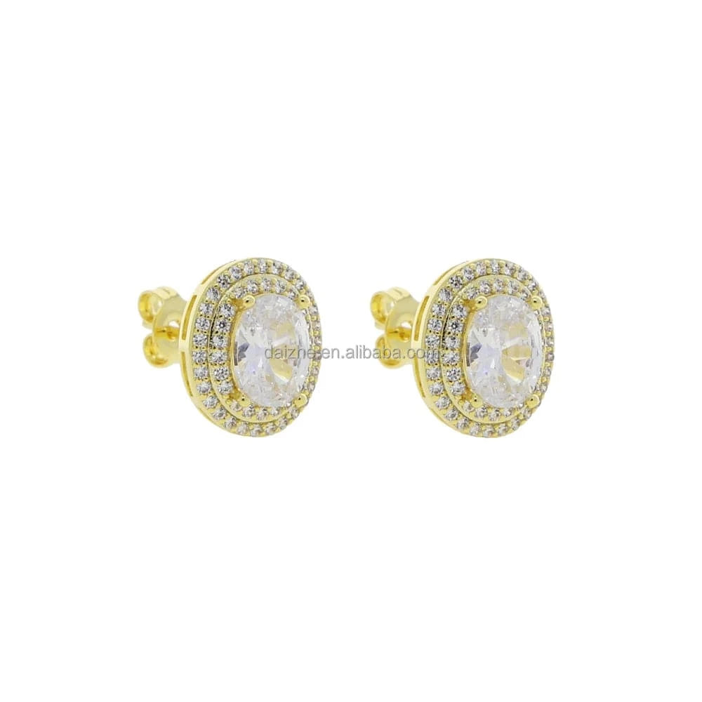 E1106-G Fashion Silver Gold Plated Iced Out Big Oval Egg Shaped Stud Earring Full Mini Bling CZ Paved Around Two Laps Women Jewelry
