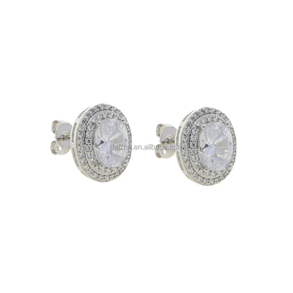 E1106-P Fashion Silver Gold Plated Iced Out Big Oval Egg Shaped Stud Earring Full Mini Bling CZ Paved Around Two Laps Women Jewelry