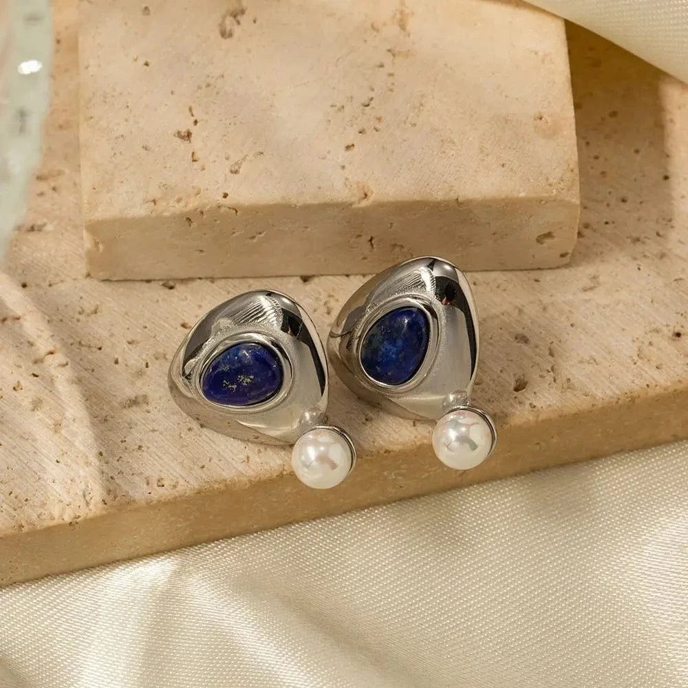 E1827 Waterproof Triangle Shape Drop Earring 18k Gold Stainless Steel Round Lapis Stone Pearl Drop Earrings