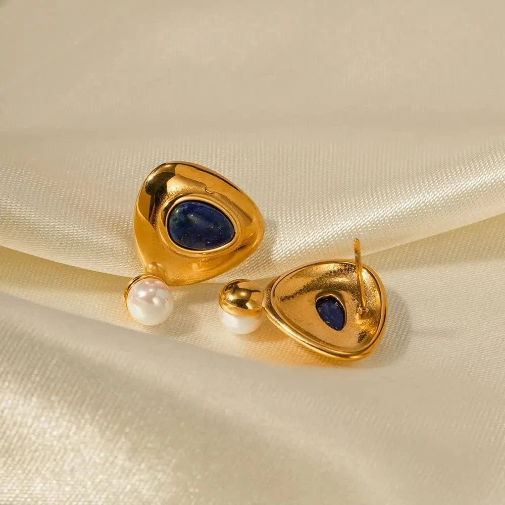 E1827 Waterproof Triangle Shape Drop Earring 18k Gold Stainless Steel Round Lapis Stone Pearl Drop Earrings