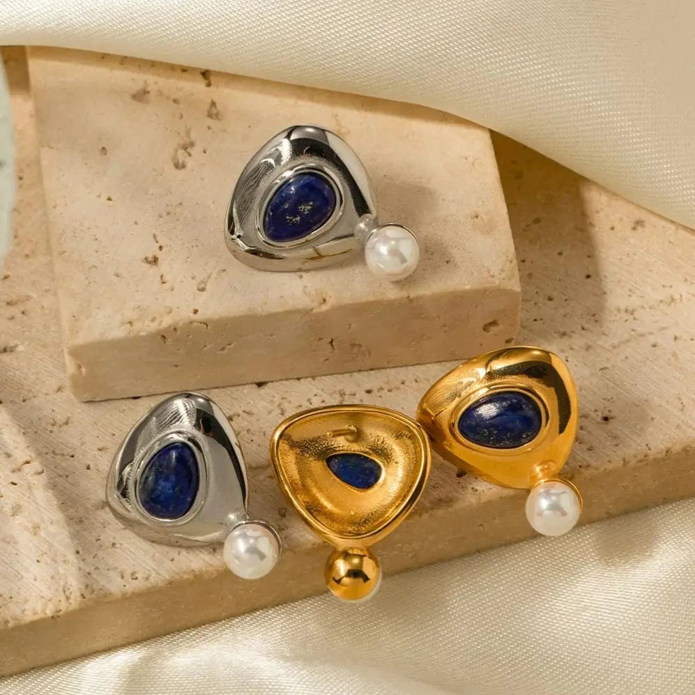 E1827 Waterproof Triangle Shape Drop Earring 18k Gold Stainless Steel Round Lapis Stone Pearl Drop Earrings