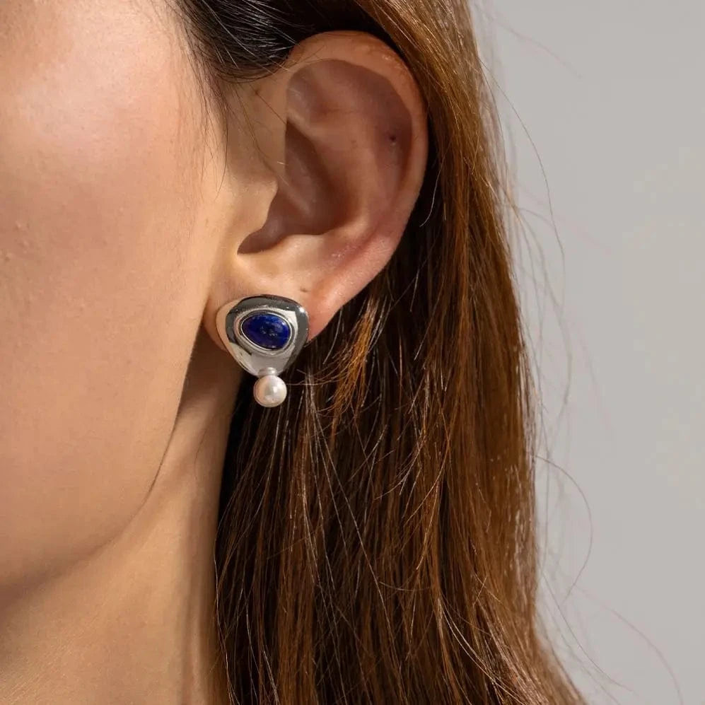 E1827 Waterproof Triangle Shape Drop Earring 18k Gold Stainless Steel Round Lapis Stone Pearl Drop Earrings
