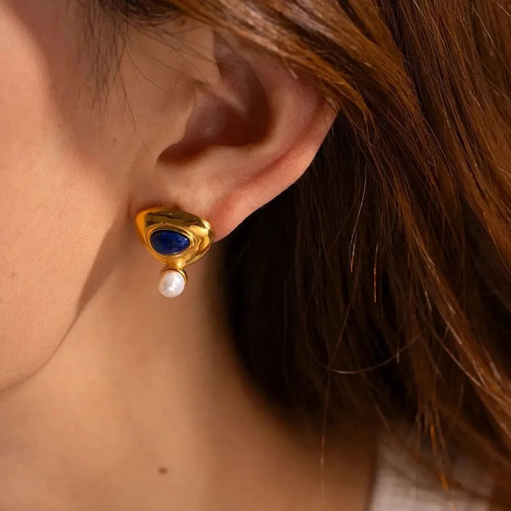 E1827 Waterproof Triangle Shape Drop Earring 18k Gold Stainless Steel Round Lapis Stone Pearl Drop Earrings