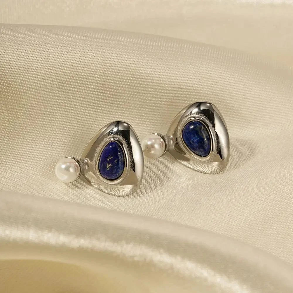 E1830 Pearl Triangle Lazurite JD Designer 18k Gold Stainless Steel Waterproof Round Earrings for Women