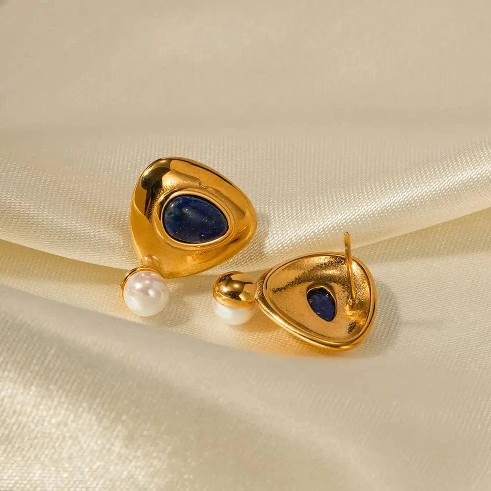 E1830 Pearl Triangle Lazurite JD Designer 18k Gold Stainless Steel Waterproof Round Earrings for Women