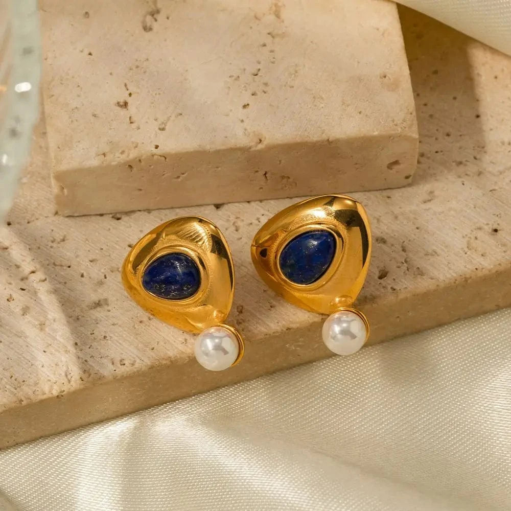 E1830 Pearl Triangle Lazurite JD Designer 18k Gold Stainless Steel Waterproof Round Earrings for Women