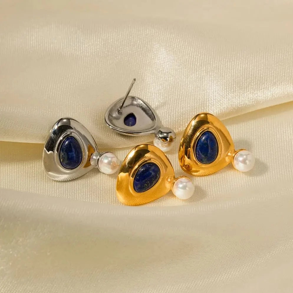 E1830 Pearl Triangle Lazurite JD Designer 18k Gold Stainless Steel Waterproof Round Earrings for Women