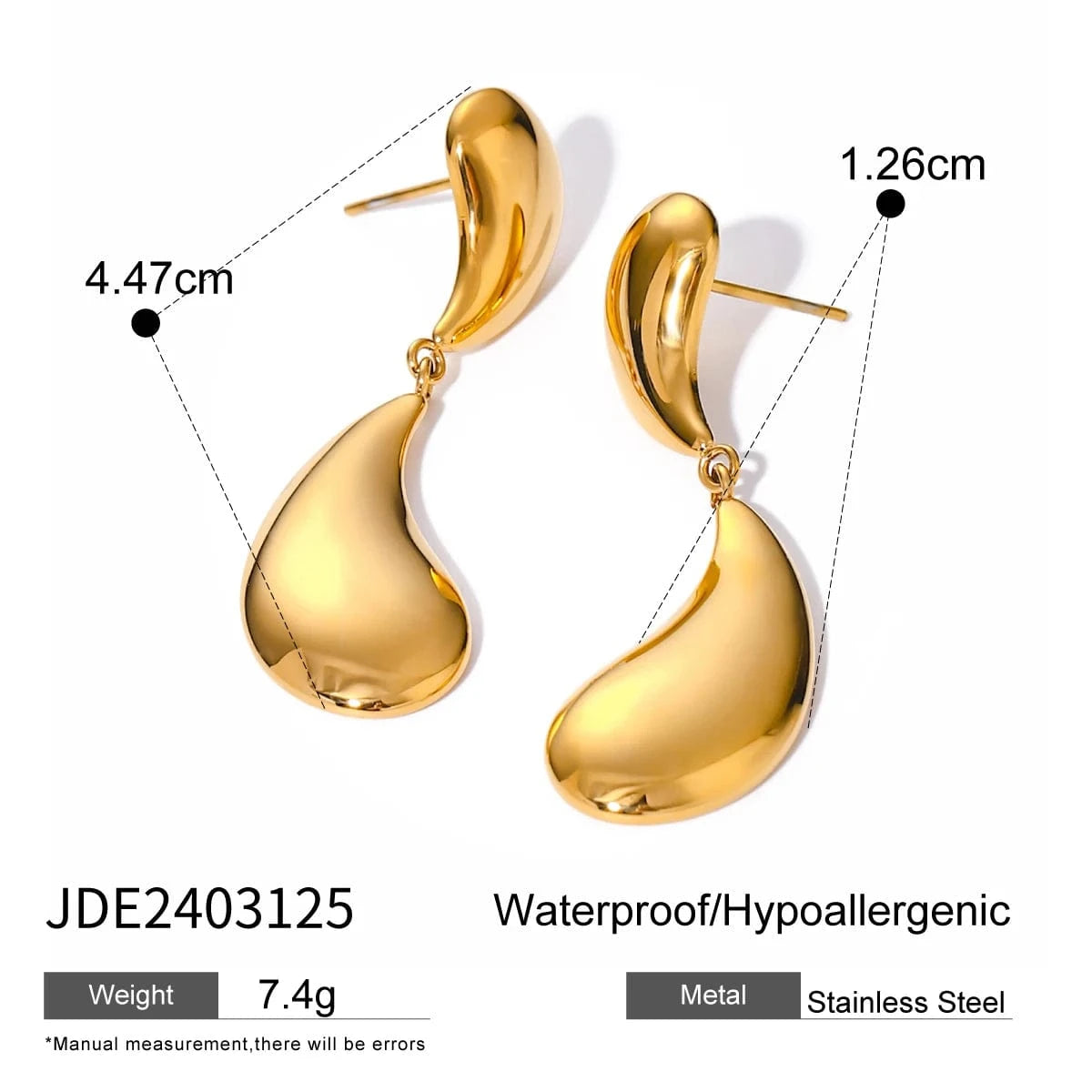 E1861 E1861 Waterproof Stainless Steel 18K Gold Plated Tear Drop Bulky Chunky Hollow Water drop Stud Post Earring
