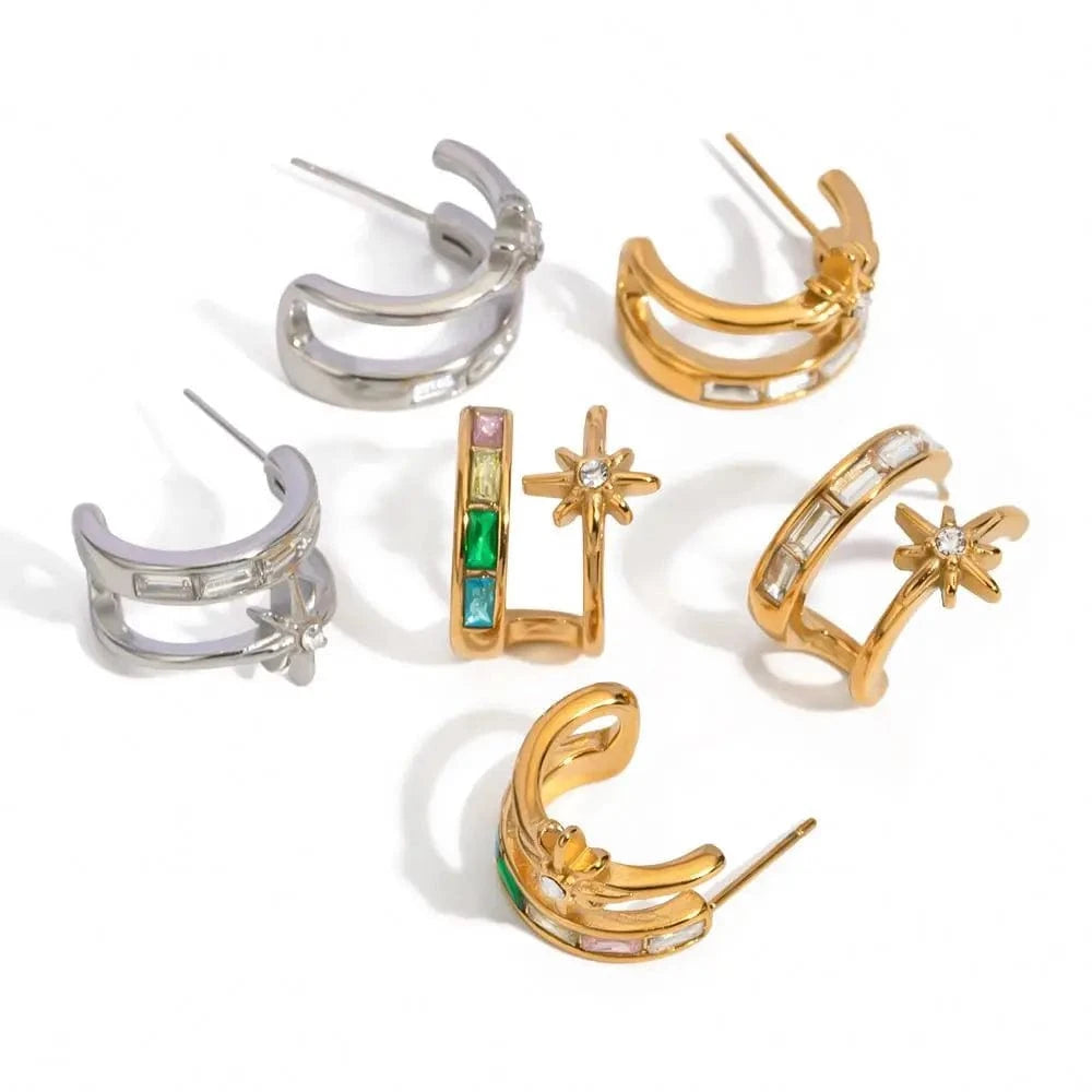 E1862 J & D Jewelry Fashion Earring Stud Post CZ Stainless Steel 18K Gold Green Stone Two layer C shape Star Stud