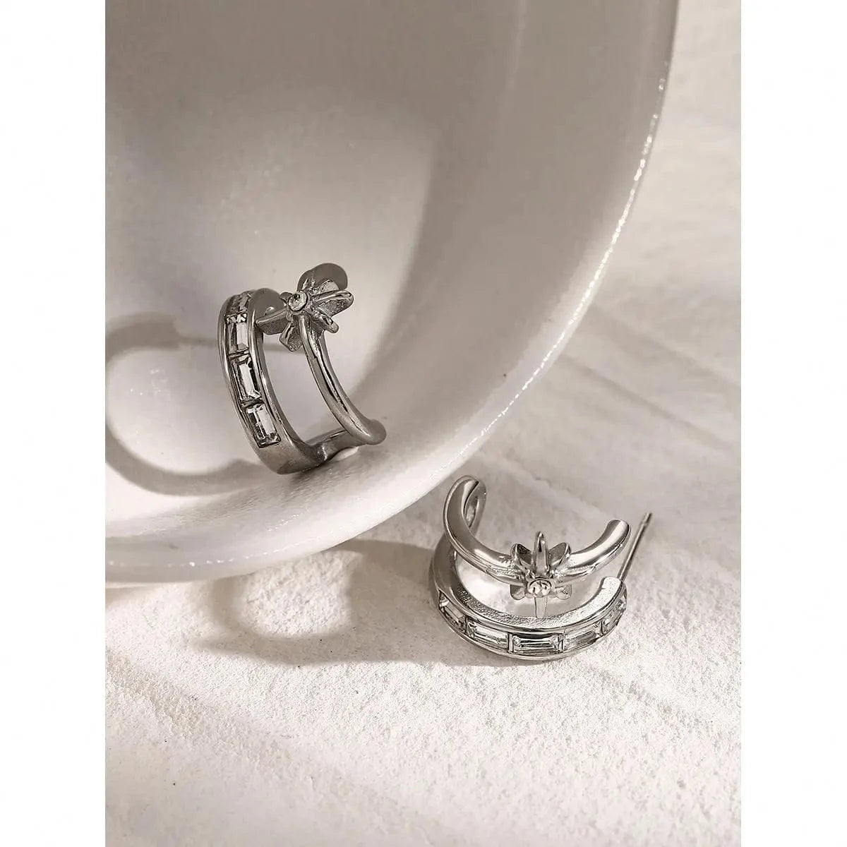 E1862 J & D Jewelry Fashion Earring Stud Post CZ Stainless Steel 18K Gold Green Stone Two layer C shape Star Stud