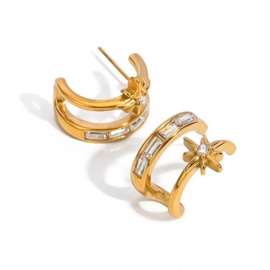 E1862 J & D Jewelry Fashion Earring Stud Post CZ Stainless Steel 18K Gold Green Stone Two layer C shape Star Stud