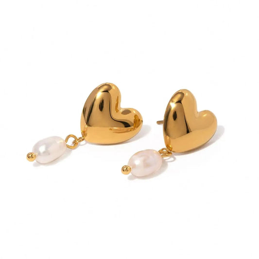 E1865 E1865 Jewelry 18K Gold Plated Heart  Stainless Steel Freshwater Pearl Huggie Earring for Women